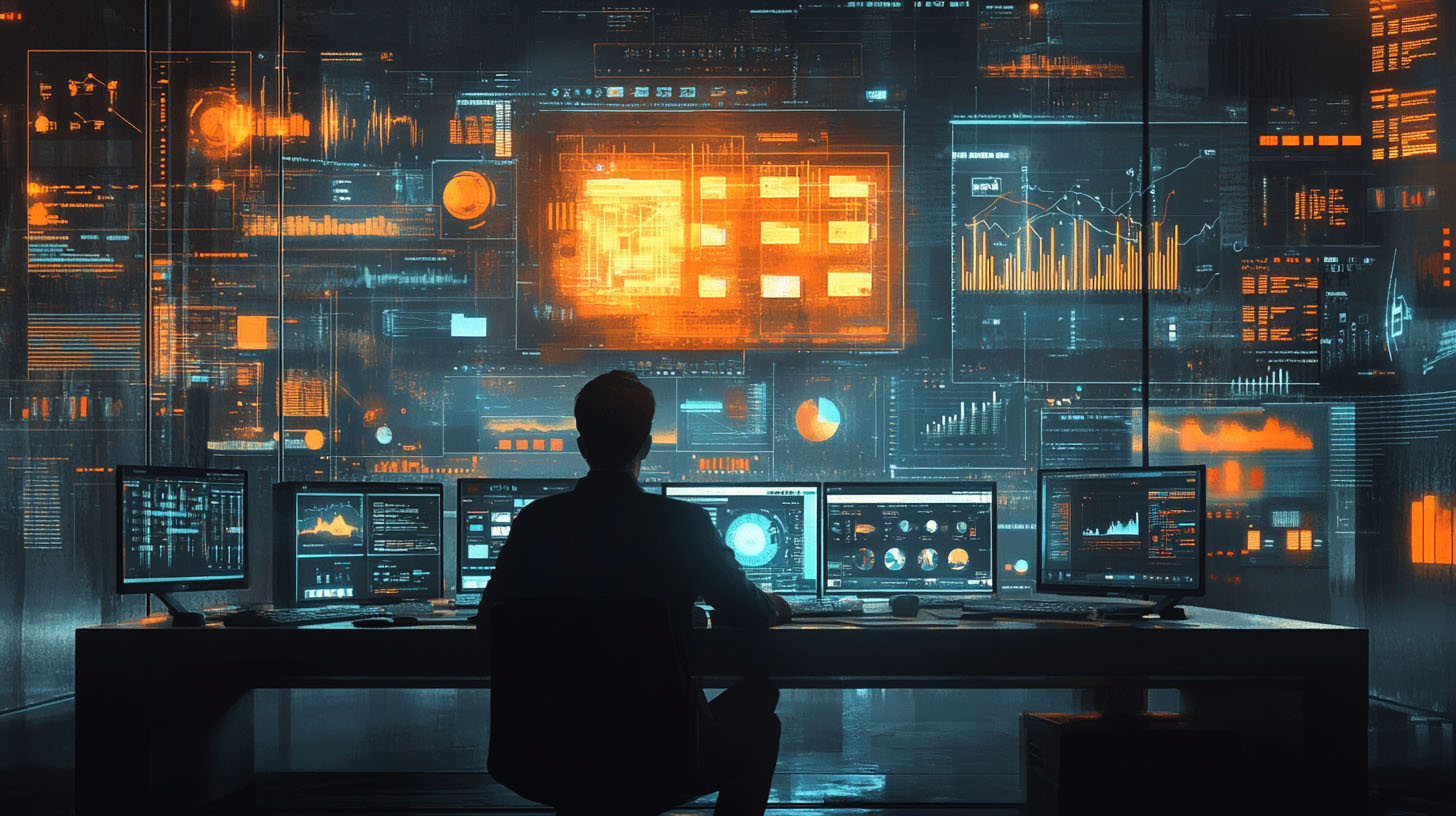 AI-genererad bild på en människa som studerar mängder av datorskärmar och analyserar data och grafik.