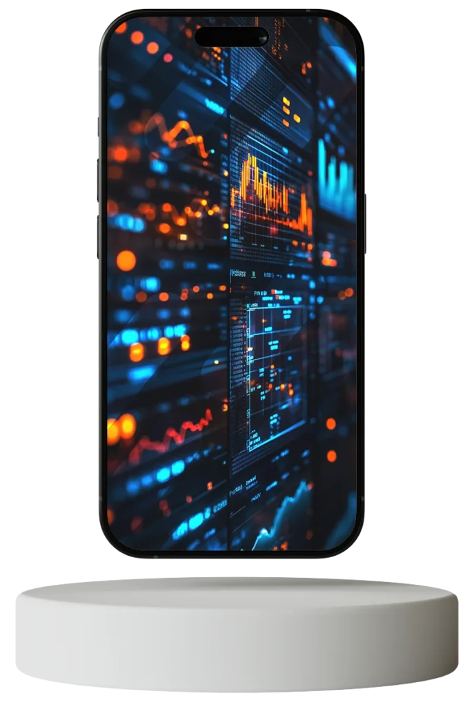 Mockup på en mobiltelefon som svävar över en laddplatta, skärmen visar en digital datagraf i oranget och blått.