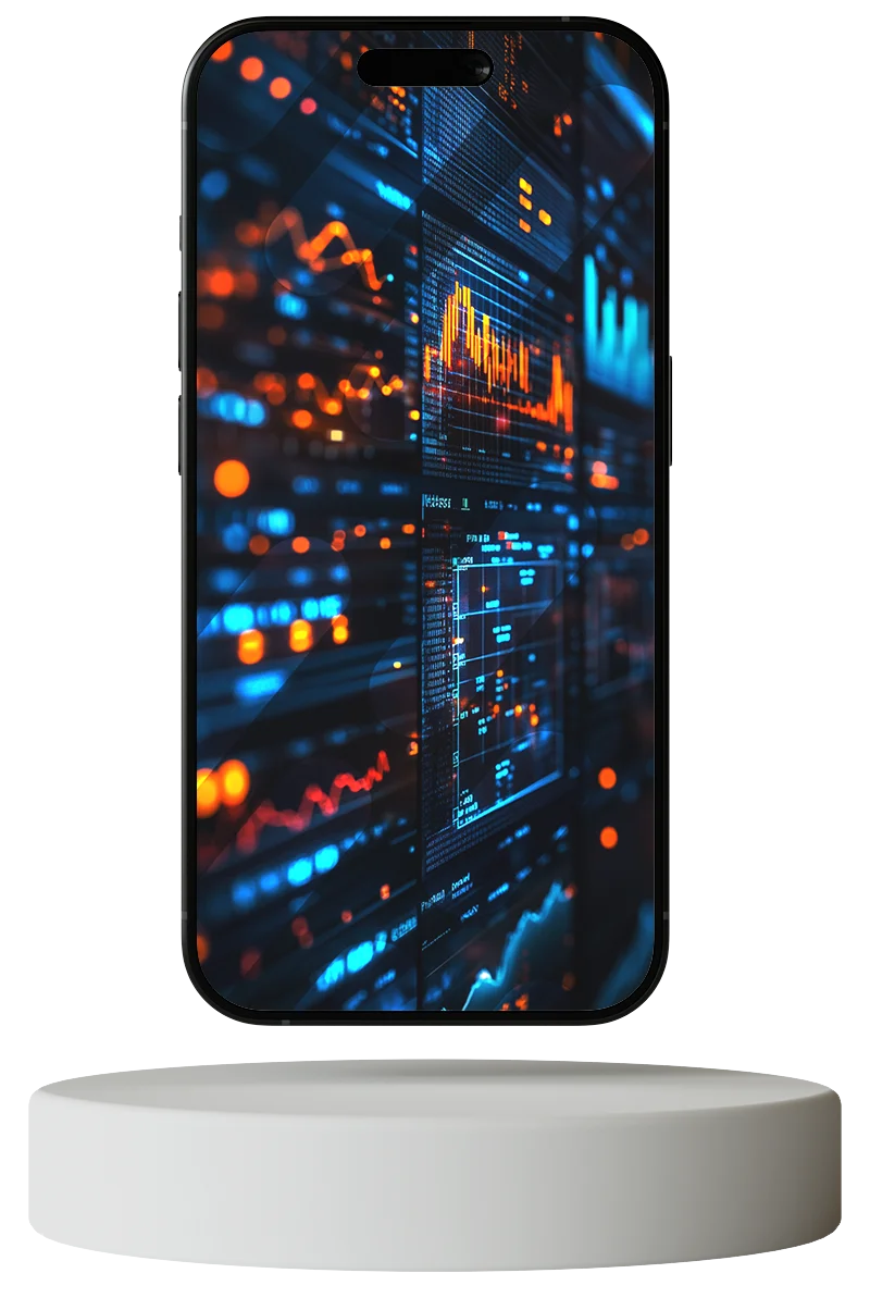 Mockup på en mobiltelefon som svävar över en laddplatta, skärmen visar en digital datagraf i oranget och blått.