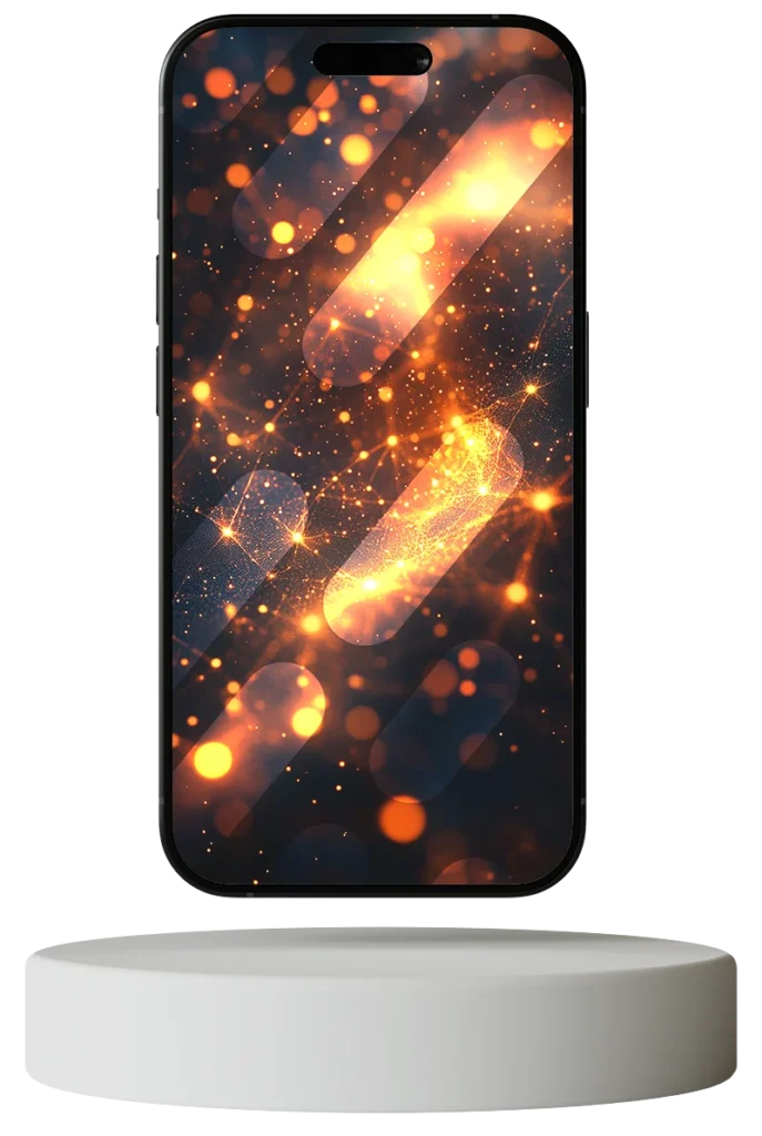 Mockup på en mobiltelefon som svävar över en laddplatta, skärmen visar orange bokeh och ljuslinjer som flyter ihop mot en mörk bakgrund.