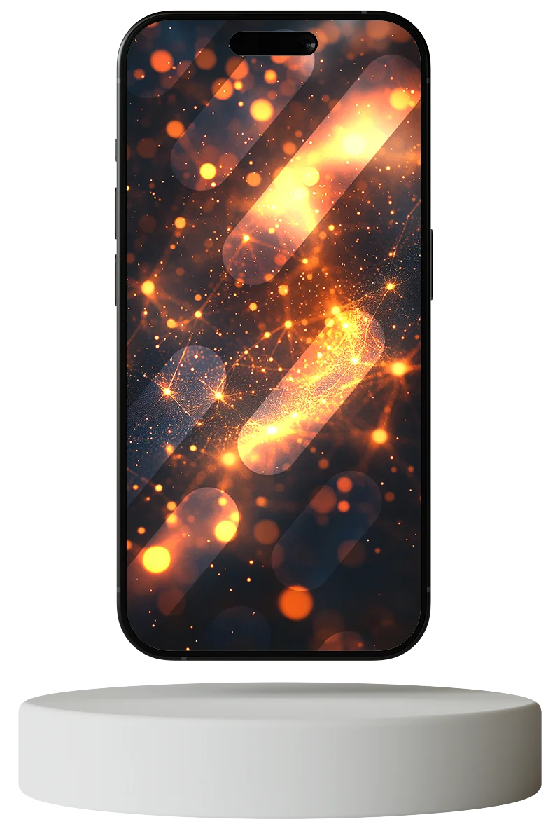 Mockup på en mobiltelefon som svävar över en laddplatta, skärmen visar orange bokeh och ljuslinjer som flyter ihop mot en mörk bakgrund.