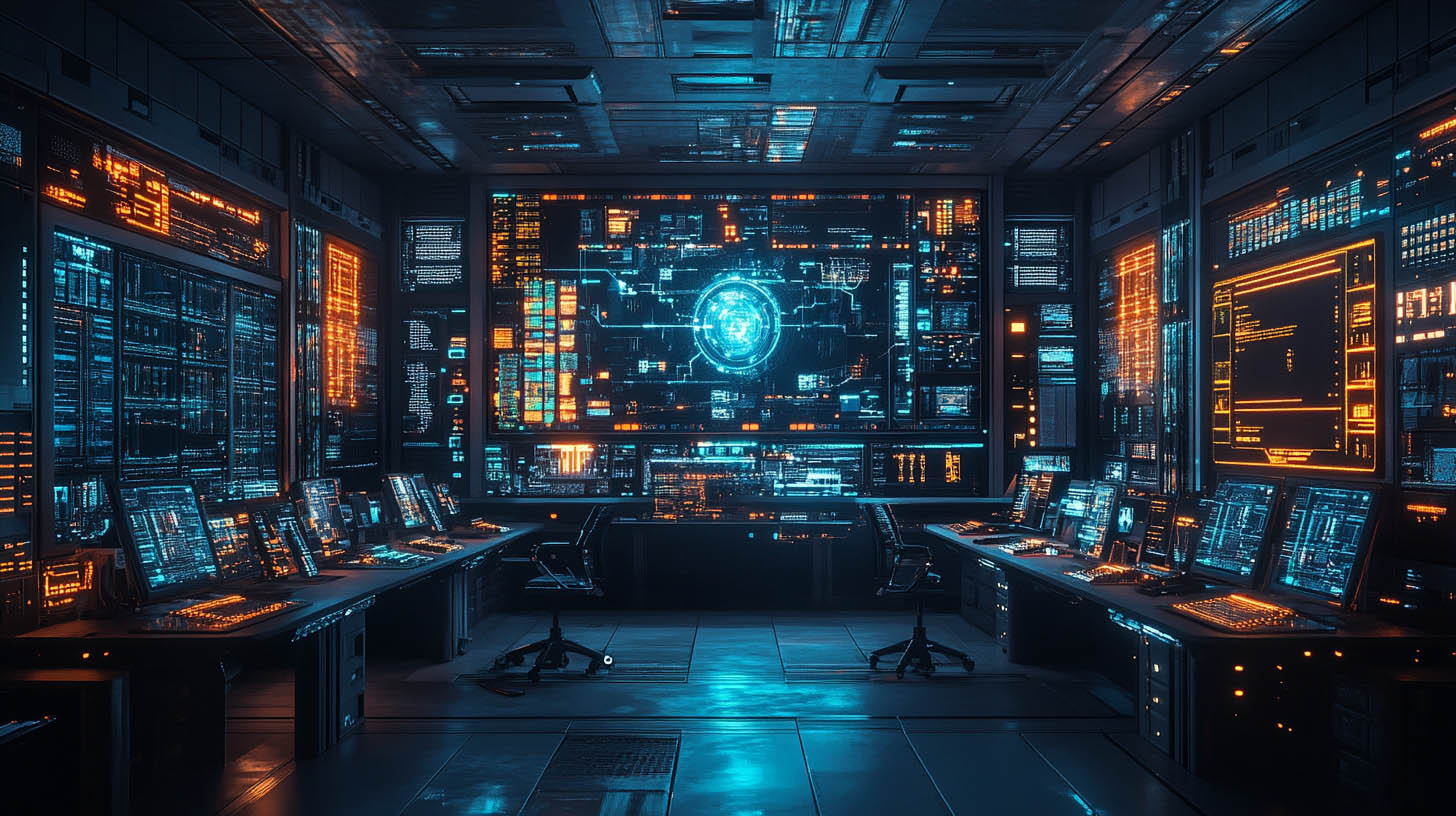 AI-genererad bild på en futuristisk kontorsmiljö med mycket skärmar och lysande lampor och digital marknadsföring