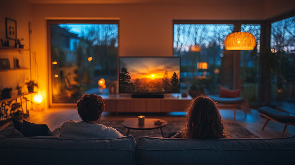 Familj som tittar på TV i ett nordiskt vardagsrum på kvällen, med mjuk belysning och naturliga texturer för en hemtrevlig atmosfär.