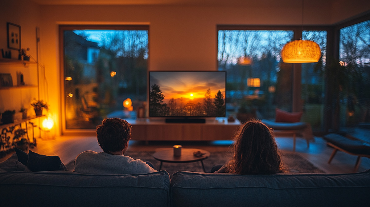 Familj som tittar på TV i ett nordiskt vardagsrum på kvällen, med mjuk belysning och naturliga texturer för en hemtrevlig atmosfär.